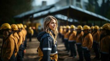 Young female engineer standing in front of a group of construction workers on a training ground. photo