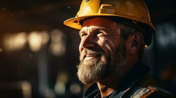 Portrait of a mature worker in a hardhat on the construction site. photo