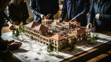 Architecture and construction concept with model of a house on table and group of architects. photo