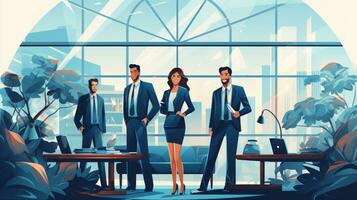 Attorney team. Businessmen and businesswomen standing together in modern office. Vector illustration photo