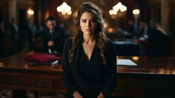 Portrait of a beautiful young woman in a black in courtroom. photo