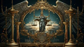 Law and Justice concept with scales of justice and statue of Themis. photo