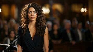 Portrait of a beautiful young juror woman in courtroom. photo