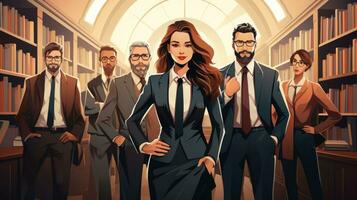 Group of business people standing in a row in the library, attorney team concept. Vector illustration. photo