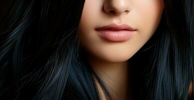 Black hair close-up as background. Women's long natural dark hair. Wavy shiny curls - AI generated image photo