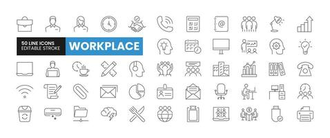 Set of 50 Office or Workspace line icons set. Office or Workspace outline icons with editable stroke collection. Includes Office, Clock, Manager, Meeting, Printer and More. vector