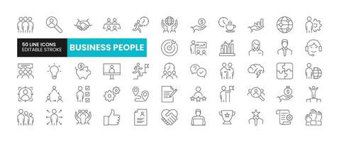 Set of 50 Business People line icons set. Business People outline icons with editable stroke collection. Includes Team, Career, Leadership, Businessman, Collaboration and More. vector