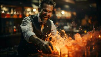 retrato de un hermoso hombre trabajando como un barman en un Club nocturno bar hace salpicaduras fuera de cocteles foto