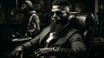 Handsome rich bearded african american man sitting in black armchair at barbershop. photo