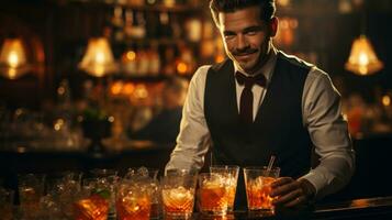 retrato de un hermoso barman en pie detrás el mostrador en un Club nocturno. foto