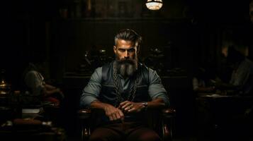 Handsome bearded man sitting in a barbershop with chain. photo