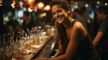 Portrait of beautiful young bartender woman at the bar counter. photo