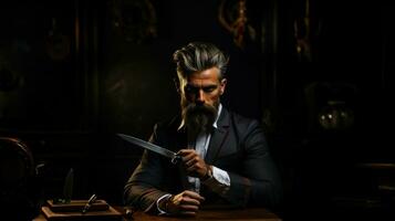 Portrait of a handsome man with a long beard and mustache in a suit with a sword in his hands. photo