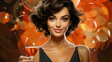 Iluustration of beautiful woman with a glass of orange wine on a colorful background. photo