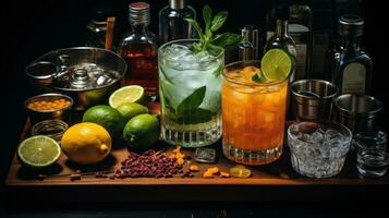 Cocktails with lime, mint and ice on the bar counter. photo