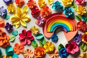 colorful paper flowers and rainbow. AI-Generated photo