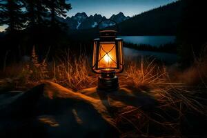 a lantern lit up in the dark by a mountain lake. AI-Generated photo