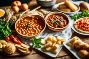 various dishes of food on a wooden table. AI-Generated photo