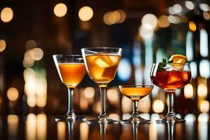 Tres lentes de diferente alcohólico bebidas en un bar. generado por ai foto
