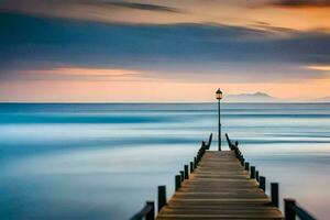 a long pier stretches out into the ocean at sunset. AI-Generated photo