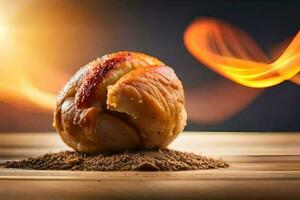 roasted chicken on a wooden table with fire. AI-Generated photo