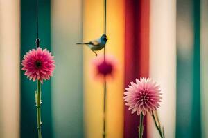 un pájaro es encaramado en un flor en frente de un vistoso a rayas antecedentes. generado por ai foto