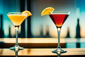 two cocktails sit on a table with a view of the city. AI-Generated photo