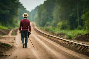 un hombre caminando abajo un suciedad la carretera con un caña. generado por ai foto