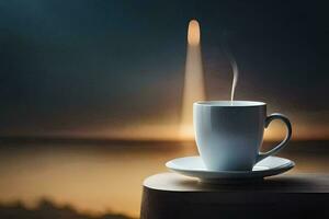 a cup of coffee on a table with a view of the ocean. AI-Generated photo