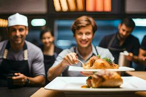 un grupo de personas en un restaurante con comida en platos. generado por ai foto