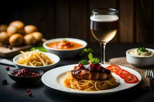 a plate of food with spaghetti, meat and wine. AI-Generated photo