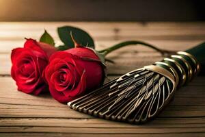 two red roses and a brush on a wooden table. AI-Generated photo