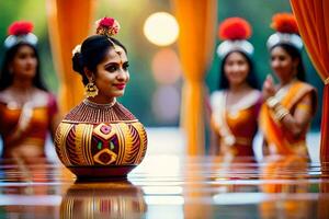 a woman in traditional indian attire is surrounded by other women. AI-Generated photo