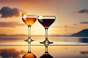 two glasses of wine on a table with a sunset in the background. AI-Generated photo