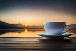 a cup of coffee on a wooden table with a view of the sunset. AI-Generated photo