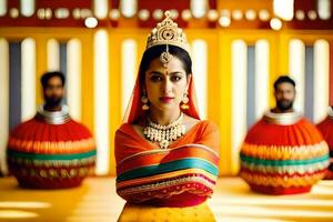 a woman in an indian dress standing in front of other people. AI-Generated photo