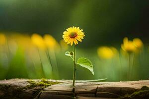 a single yellow flower is growing out of a stump. AI-Generated photo