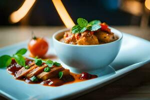 a plate with food and a glass of wine. AI-Generated photo