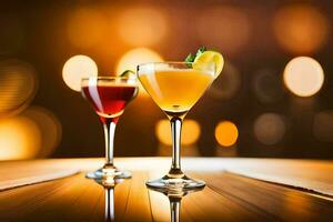 two cocktails on a wooden table with blurred background. AI-Generated photo