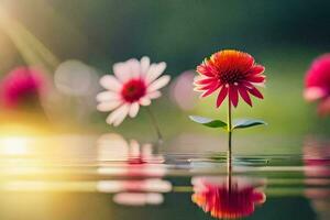 a flower is standing in the water with sunlight shining on it. AI-Generated photo