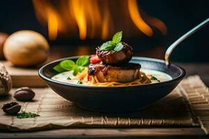 a bowl of pasta with meat and vegetables in front of a fire. AI-Generated photo