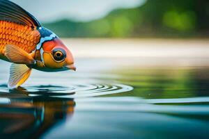 un pescado con un rojo y naranja cuerpo es nadando en el agua. generado por ai foto