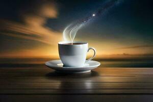 a cup of coffee on a table with a star in the background. AI-Generated photo