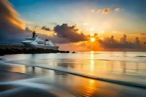 a yacht docked at the beach during sunset. AI-Generated photo