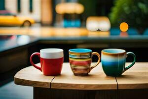 three colorful coffee mugs on a table. AI-Generated photo