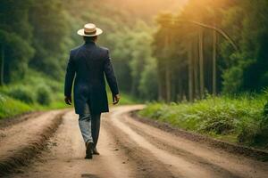 man in suit walking on dirt road in the woods. AI-Generated photo