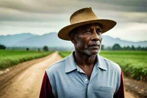 a man in a straw hat stands in a dirt road. AI-Generated photo