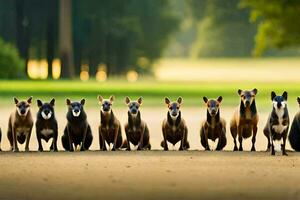 un grupo de perros en pie en un línea. generado por ai foto