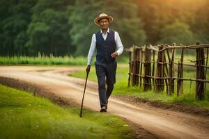 an old man walking down a dirt road with a cane. AI-Generated photo