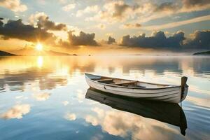 a boat floating in the water at sunset. AI-Generated photo